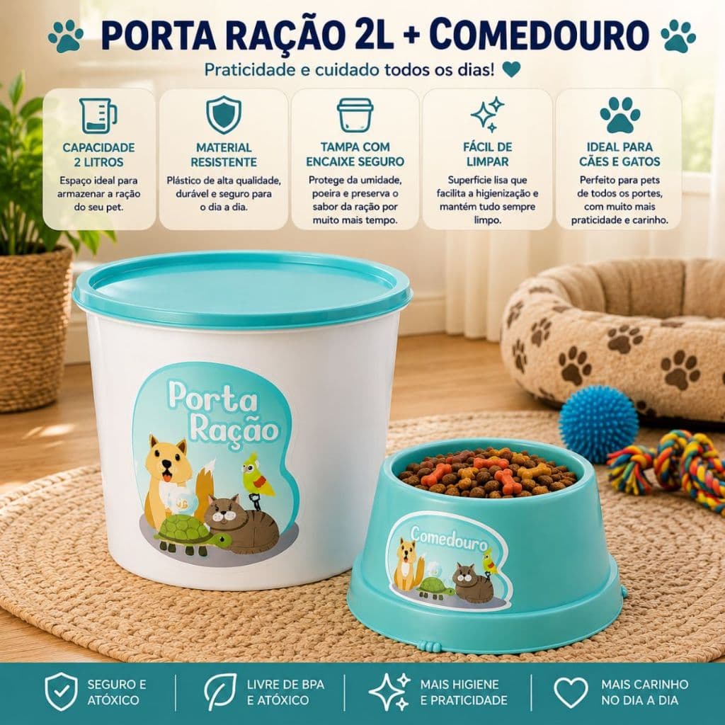 Porta Raçao 2 Litros Com Tampa  Mais Comedouro Cachorro Gato Pote De Raçao