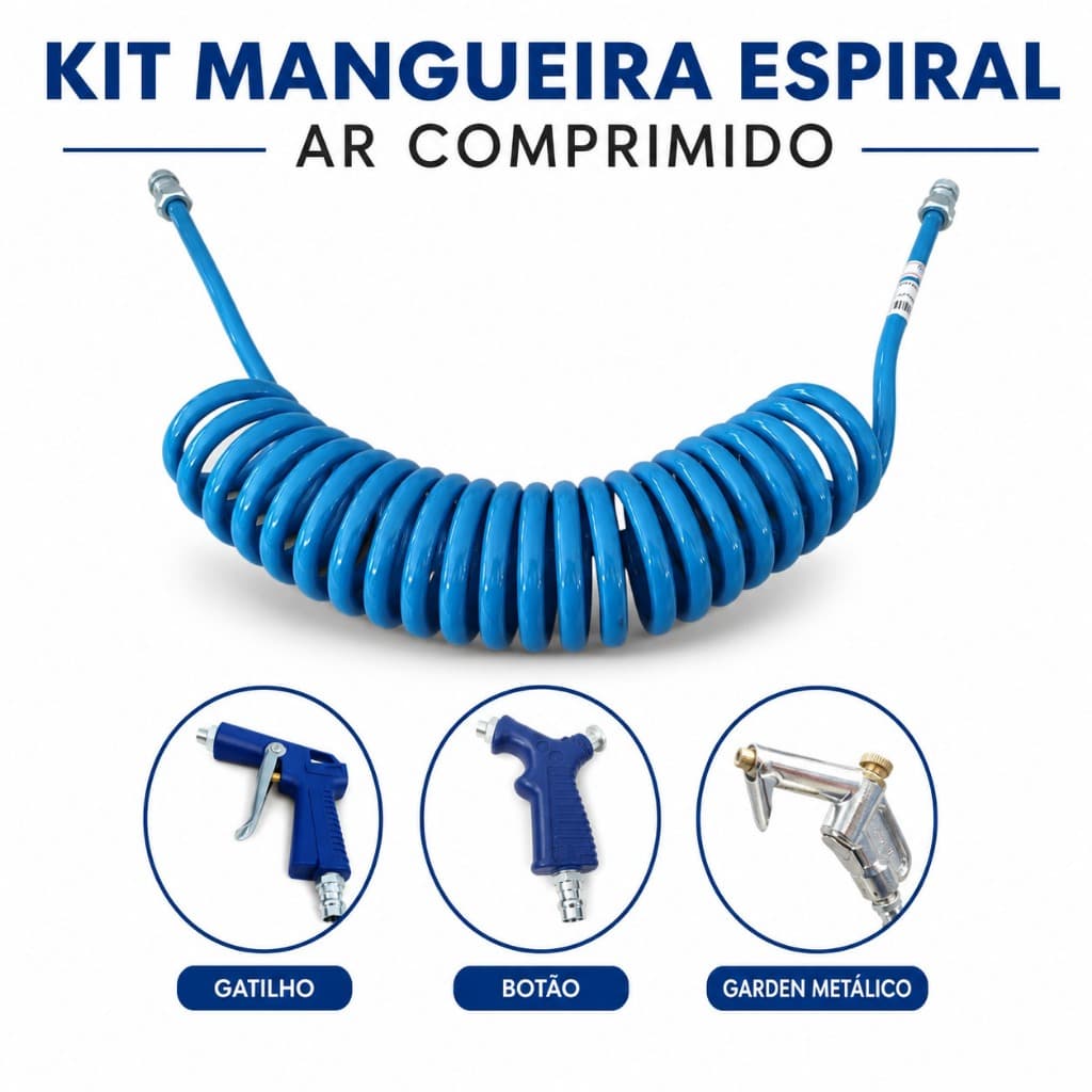 Kit Mangueira Espiral para Compressor 3,5m 5m 7m 10m com Pistola de Ar ou Engate Rápido 1/4