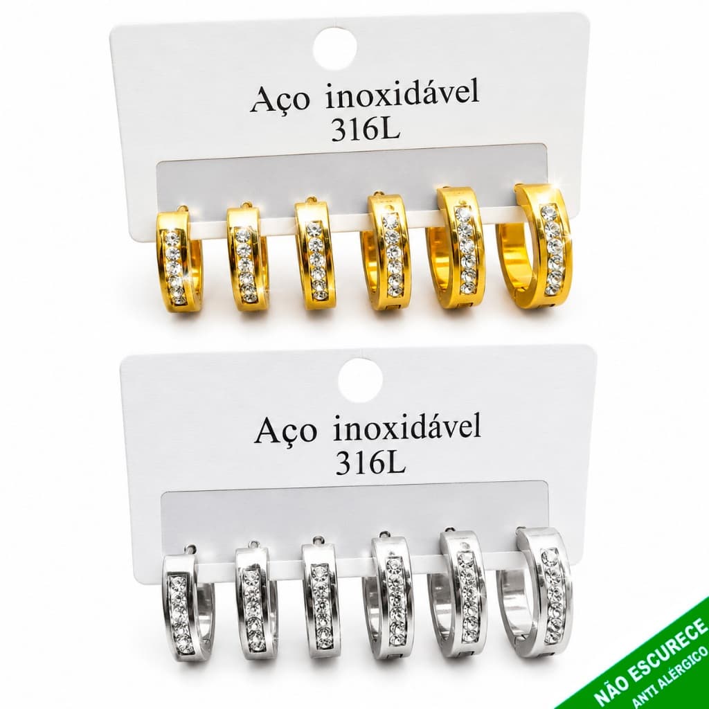 Conjunto 6 Peças de Brincos Aço Inoxidável prata ou dourado Zircônia Antialérgico Não Escurece