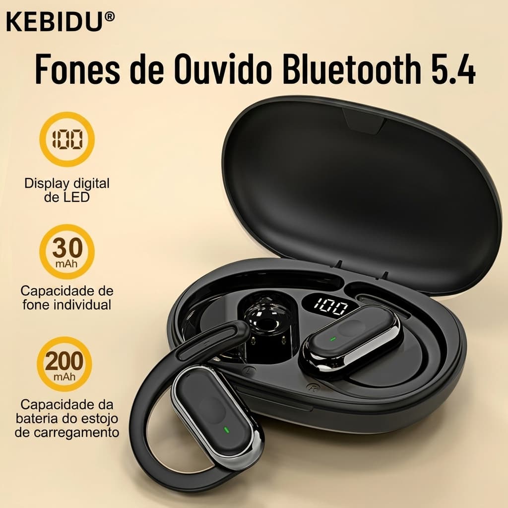 Fones de Ouvido Q12 TWS Kebidu Sem Fio Bluetooth 5.4 Orelha Gancho Alta Fidelidade Estéreo À Prova D'Água Display LED
