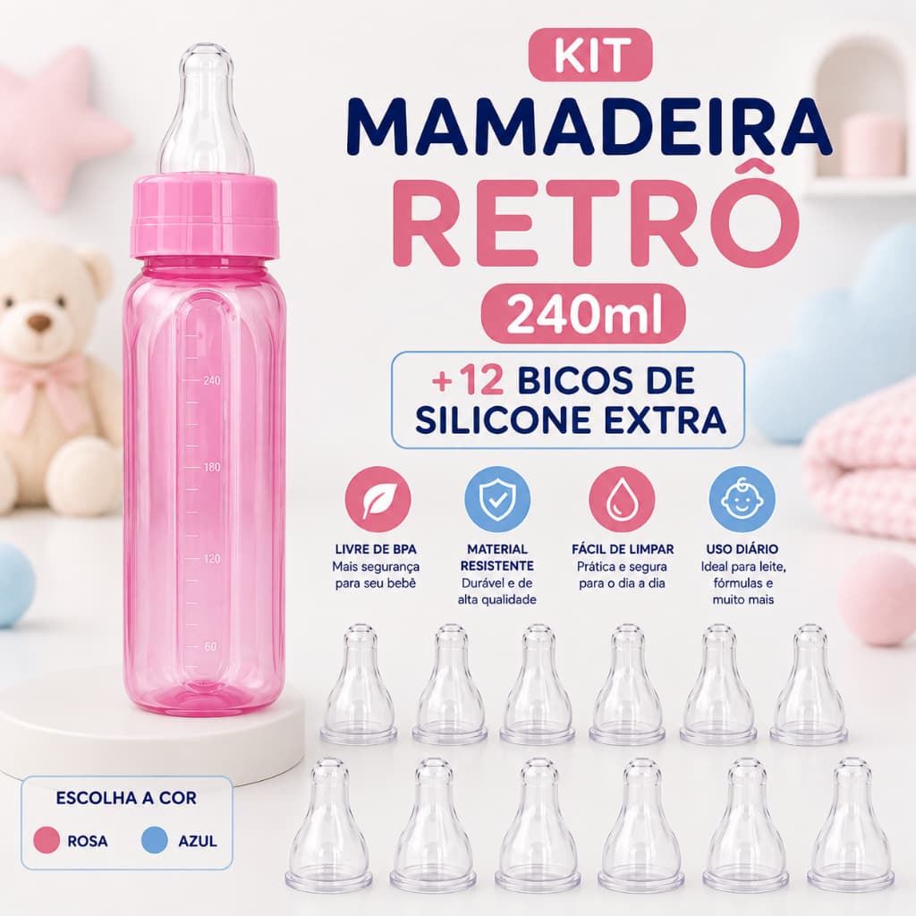 Kit Mamadeira Retrô 240ml com 12 Bicos Extras de Silicone Mamadeira Azul ou Rosa Acessórios Bebê