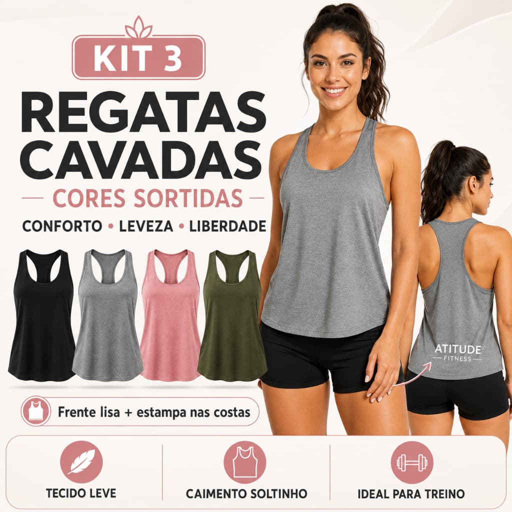 Kit 3 Regatas Femininas Cavadas Viscolycra Costas Nadador Academia Fitness Cores Sortidas