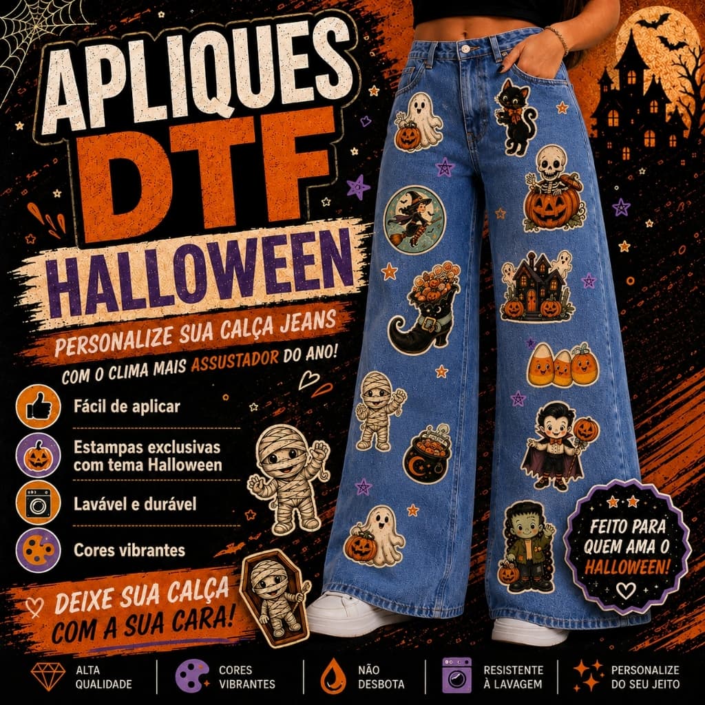 Aplique Adesivo Pronto Halloween Dia das Bruxas Festa Termocolante DTF
