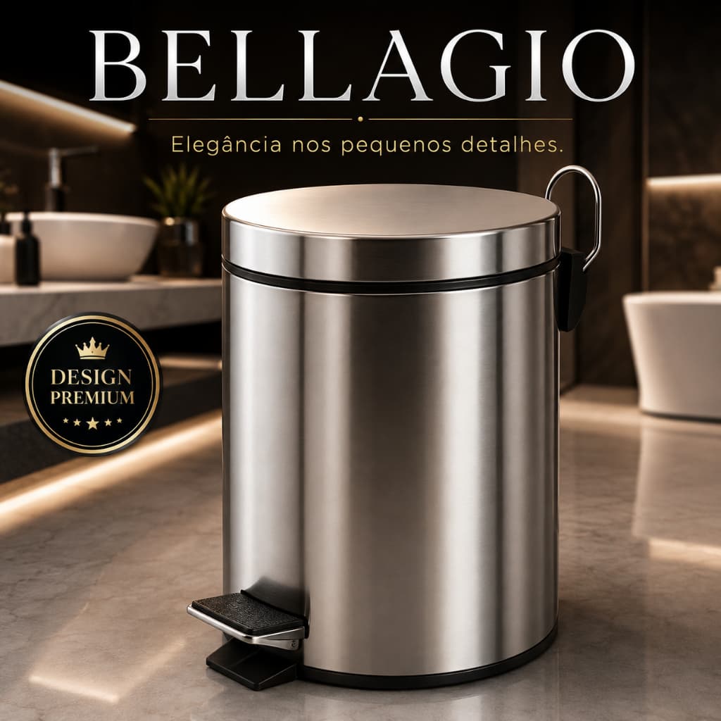 Lixeira Inox Bellagio 5 Litros com Pedal Redonda Compacta para Banheiro Lavabo Cozinha Escritório