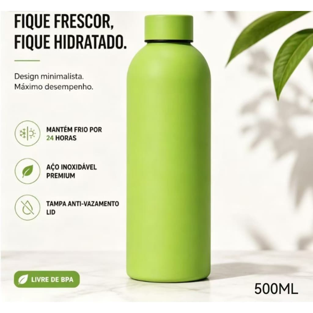 Garrafa Térmica Verde 500ml de Aço Inox, Design Compacto sem Alça, Portátil para Esporte, Trabalho e Uso Diário