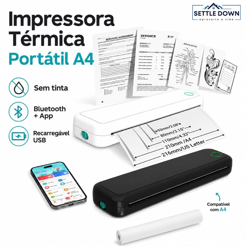 Impressora Térmica Portátil A4 Bluetooth Sem Fio Recarregável 2600mAh USB para Celular e Notebook