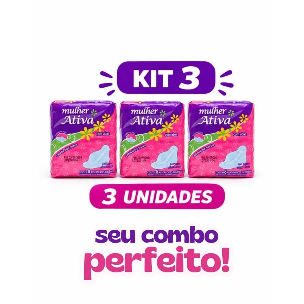 Kit 3 Absorventes Mulher Ativa com Abas Gel Super Seco Absorvente Higiênico