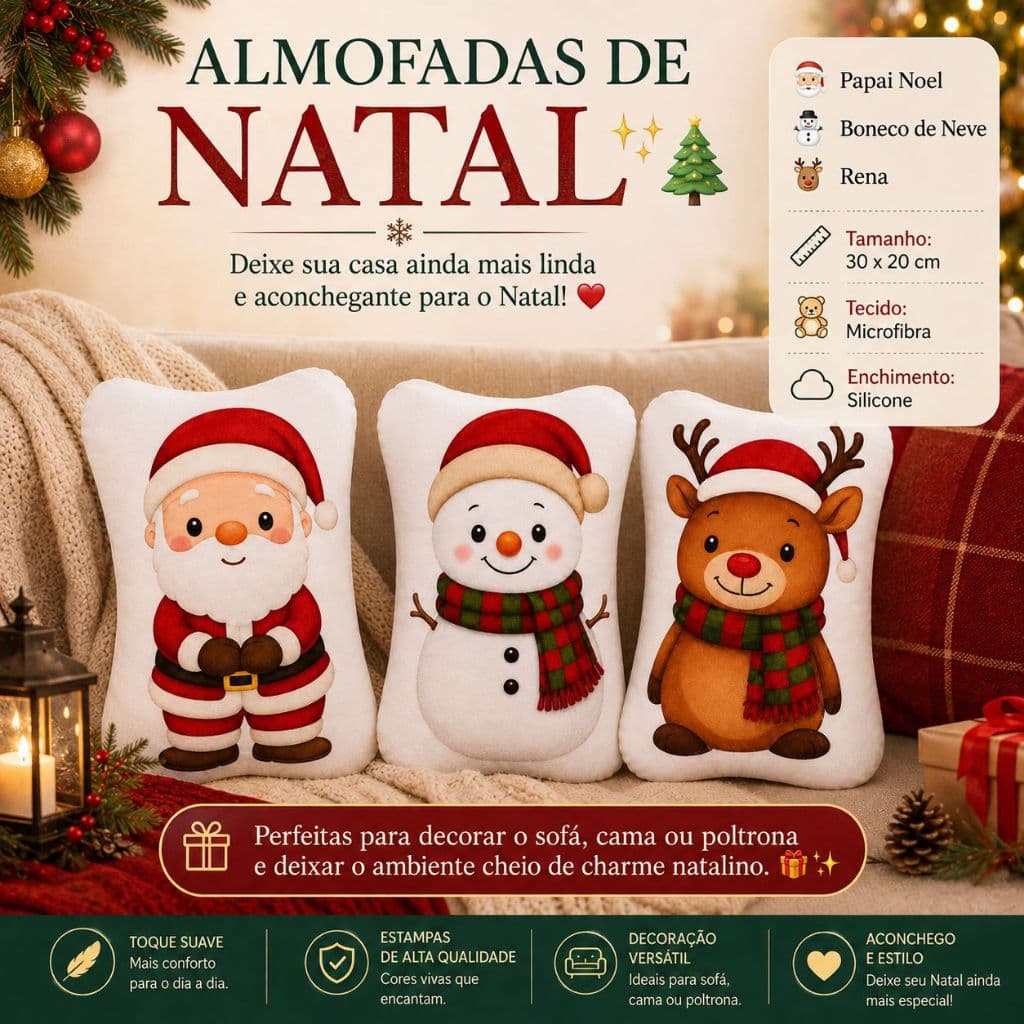 Kit 3 Almofadas de Natal Decorativas 30cm Papai Noel Boneco de Neve Rena Presente Decoração Natalina