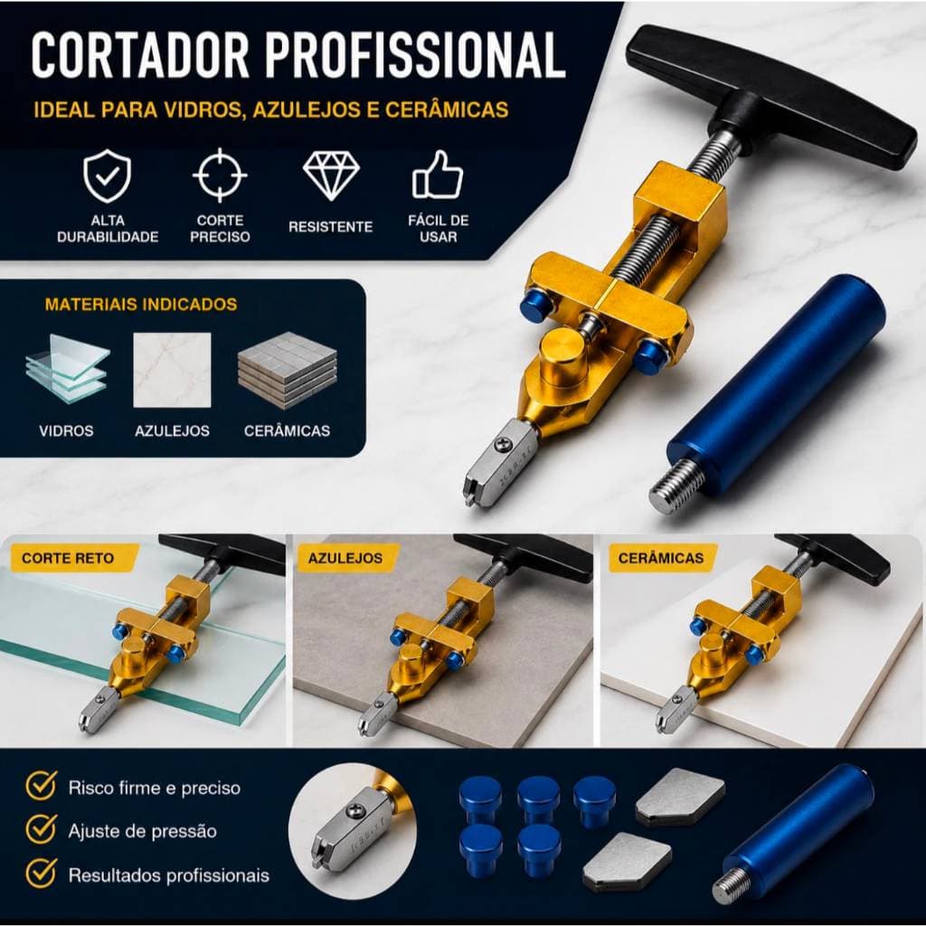 Cortador Profissional 2 em 1 para Azulejo, Vidro, Porcelanato e cerâmica – Corte Preciso e Fácil