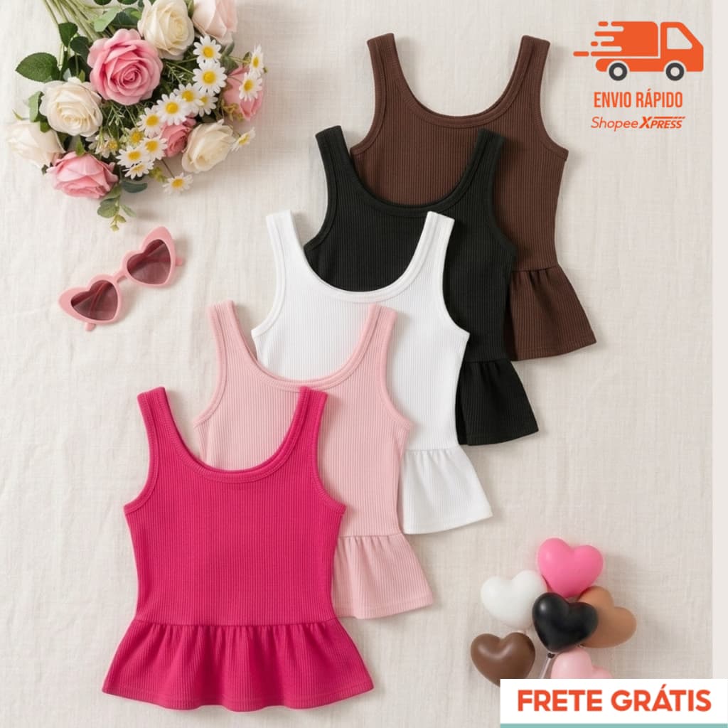 Blusa Bata PEPLUM Menina Infantil Juvenil 4 ao 14 Regata Canelada com Babado Soltinha Moda Blogueira Elegante Passeio