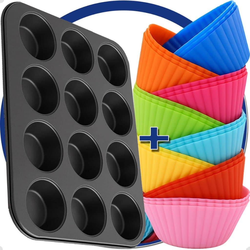 Forma Cupcake 12 Cavidades assadeira Teflon + 12 Formas Forma Silicone Muffin  Cupcake Pão De Queijo Empada Bpa-free