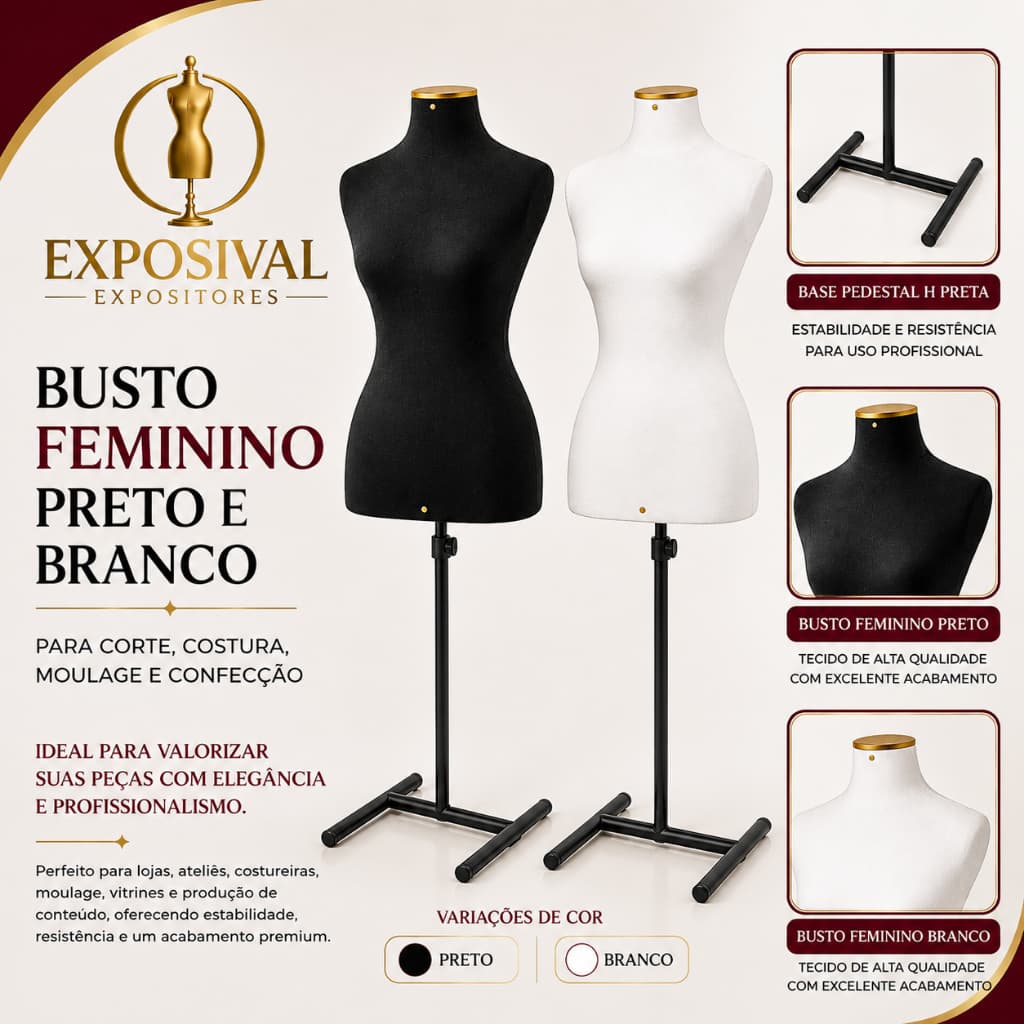 Busto Manequim Feminino Para Corte Costura Confecção com Base Pedestal H preta Vitrine Loja