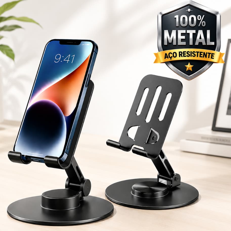 Suporte de Mesa para Celular em Metal Ajustável Dobrável Giratório 360° Base Reforçada para Smartphone e Tablet