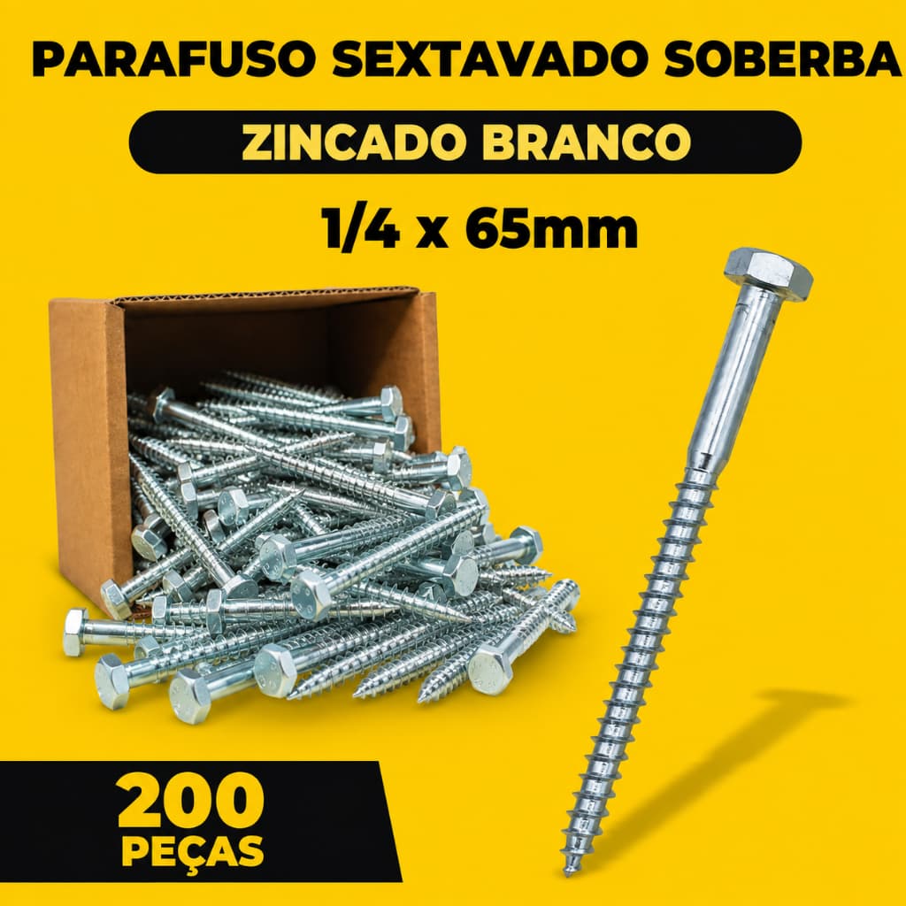 Parafuso Madeira Sextavado Soberba 1/4x65 Zincado Branco 50 100 ou 200 Peças Alvenaria