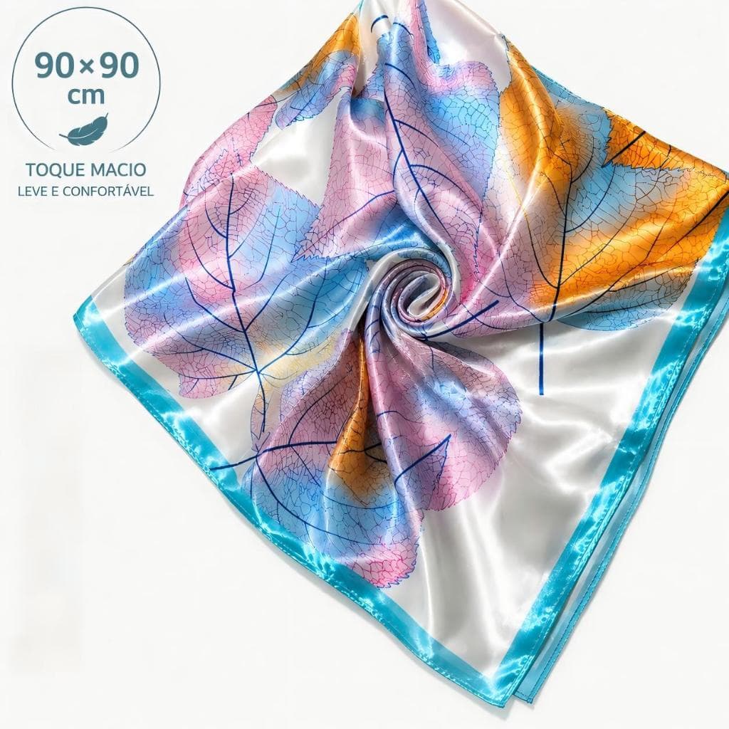 Lenço Feminino 90x90cm Estampa Folhas Toque Macio Lenço Quadrado para Pescoço Cabelo Bolsa