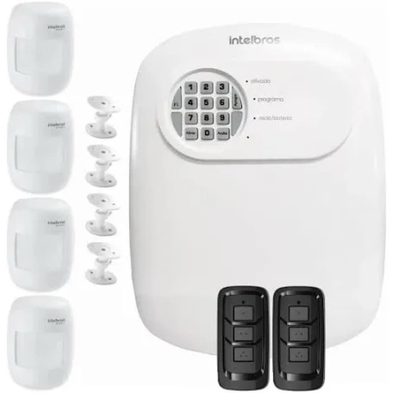 Kit alarme com 4 sensores Intelbras com central monitorada por aplicativo.