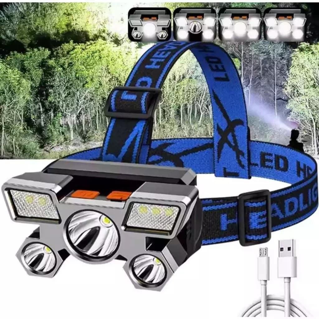 Lanterna de Cabeça Holofote 5 LED Super Brilhante USB À Prova D'água Recarregável