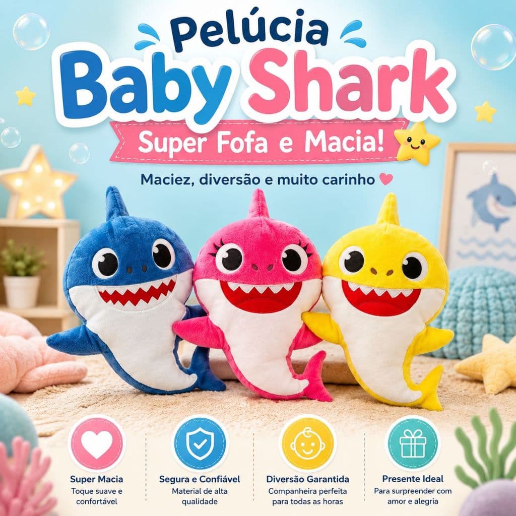 Pelúcia Baby Shark Fofinho Boneco Tubarão Infantil Brinquedo Menino Menina Decoração De Quarto