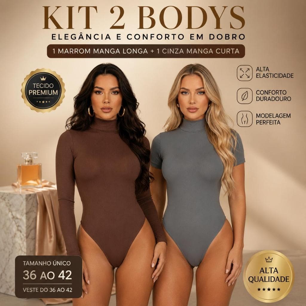 Kit 2 Bodys Femininos Gola Alta Premium Modeladores Marrom Manga Longa Cinza Manga Curta Tamanho Único 36-42 Confortável