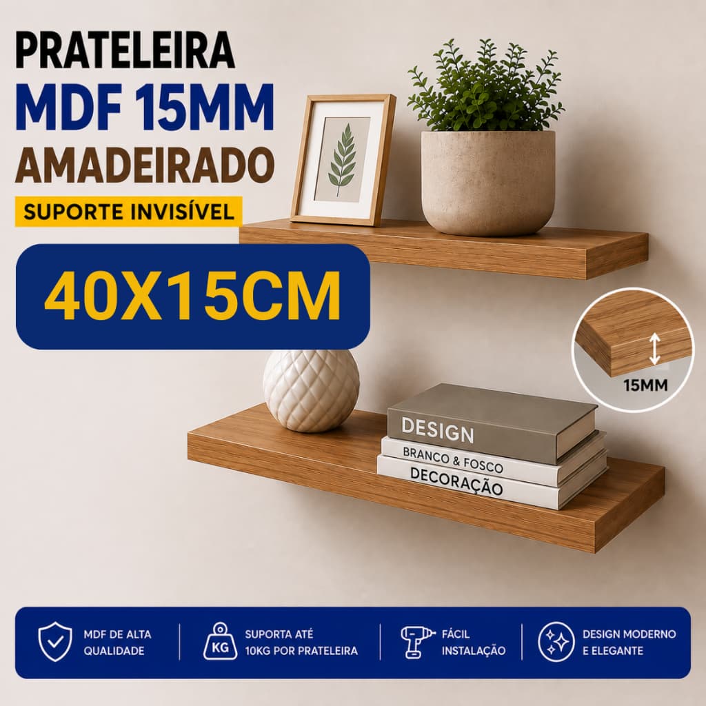 2 Prateleira Lisa Mdf 15mm amadeirado 40x15 Cm C/Suporte Invisível Decorativa Organização Prateleira suspensa