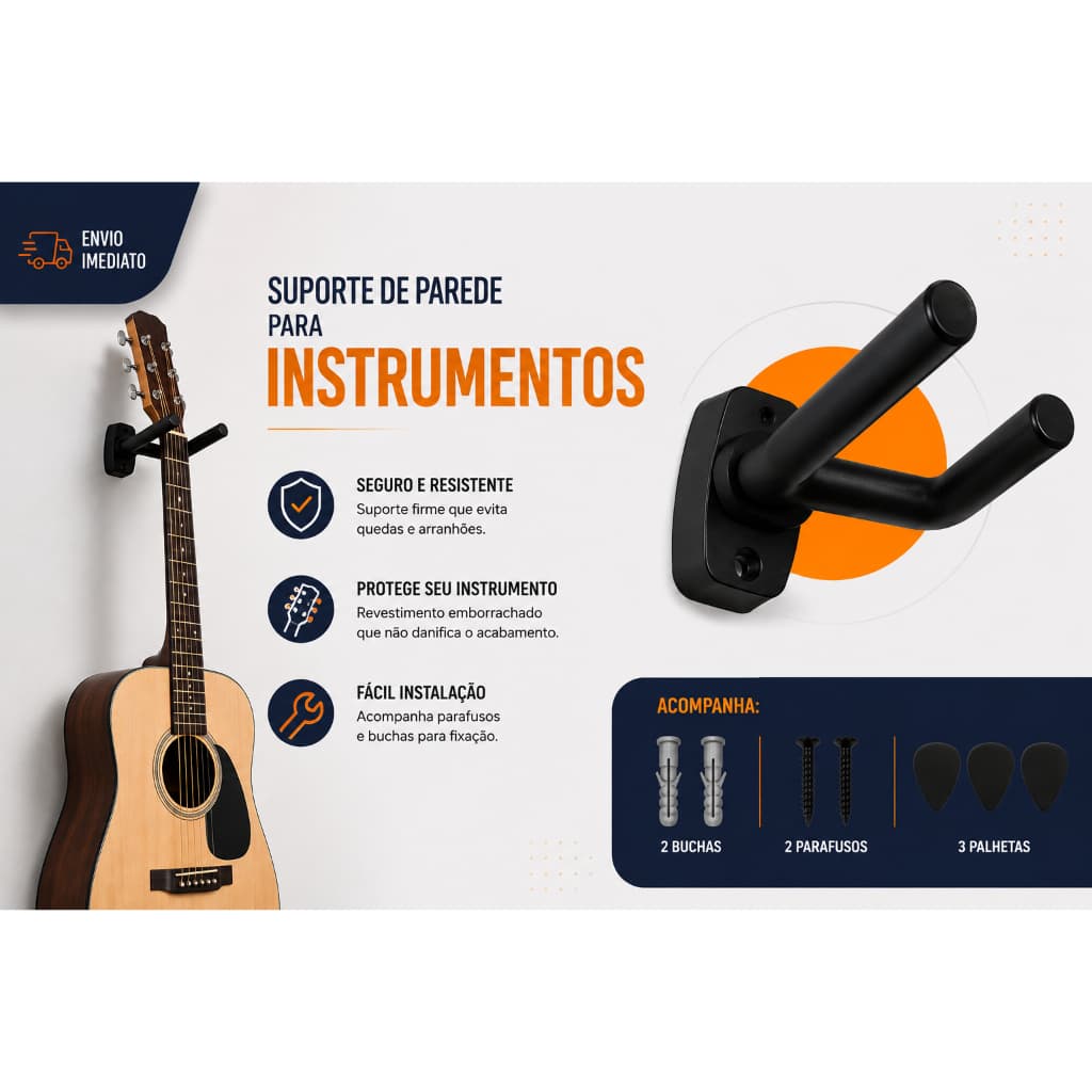 Kit 2 Suportes Emborrachados Para Violão, Violino, Guitarra, Ukulele + kit de montagem e 3 Palhetas