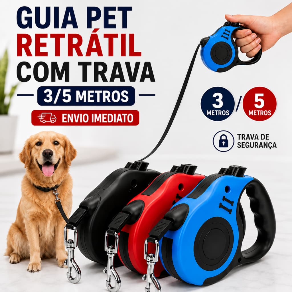 Guia Retrátil para Cachorro Resistente com Trava de Segurança Passeio Confortável para Cães e Gatos