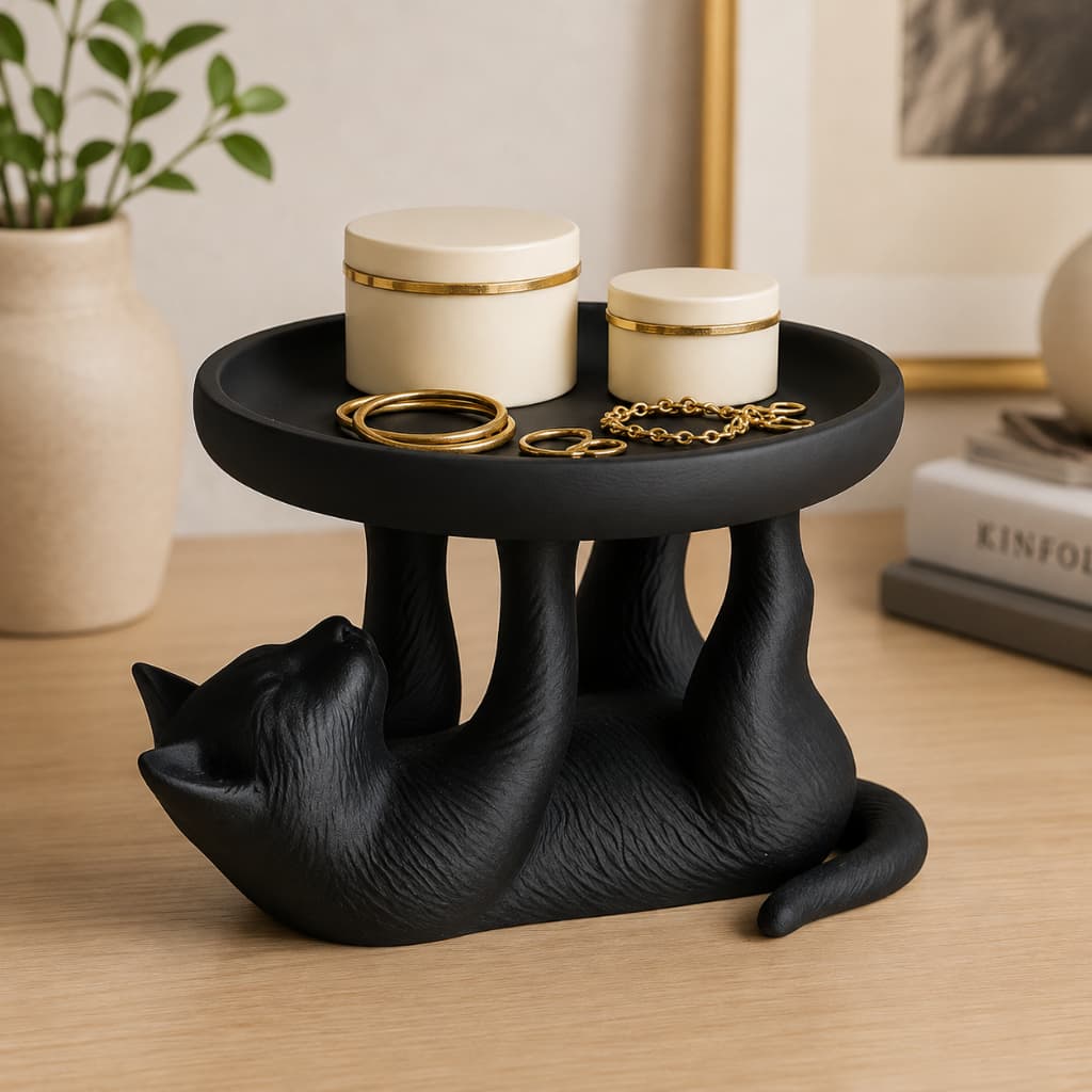 Bandeja para Joias com Suporte de Gato Decorativa Minimalista Elegante para Mesa Quarto Estante Premium