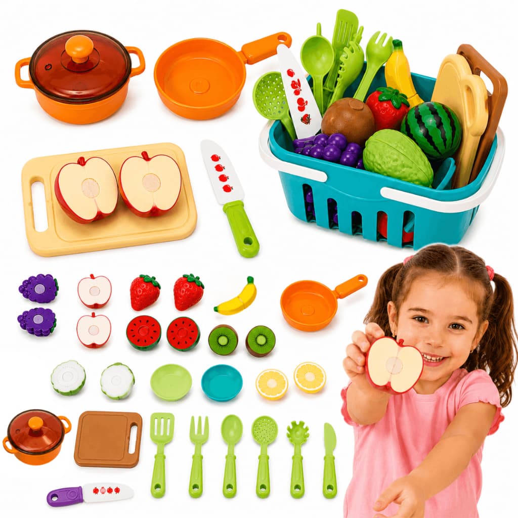 Kit Comidinhas Frutas Velcro Crec Crec Cortar Cestinha Cozinha Brinquedo Infantil 22 Peças