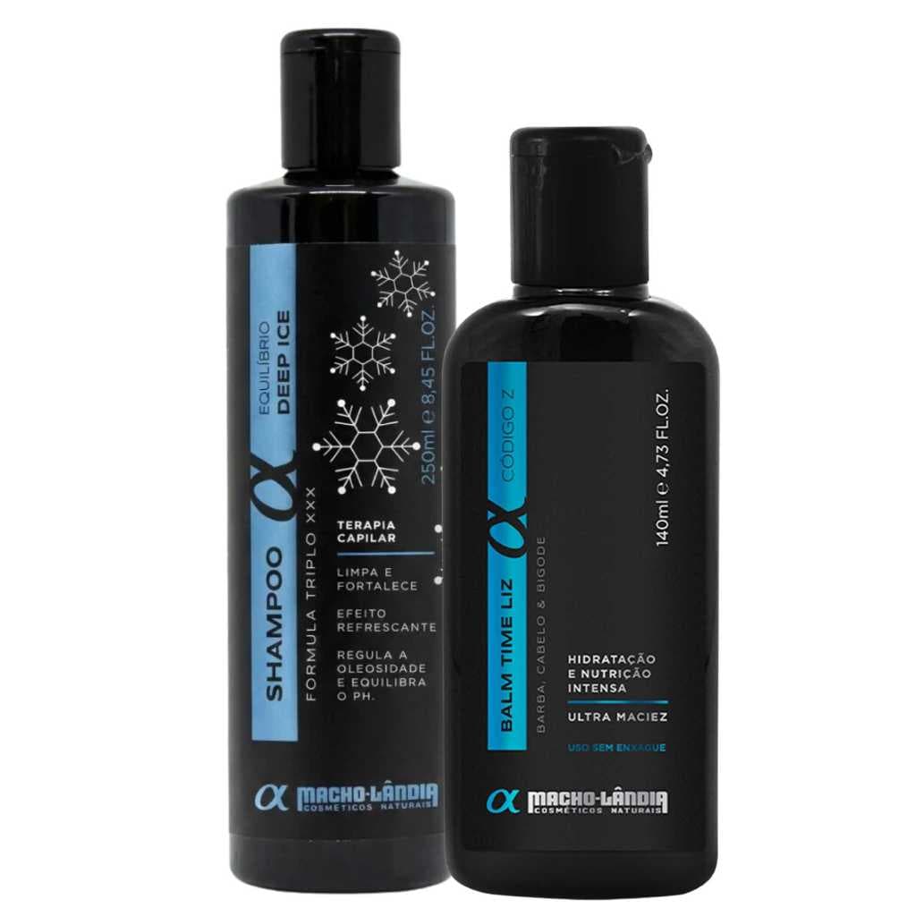 Kit Macho Landia Shampoo Deep Ice Triplo XXX 250ml + Balm Time Liz 140ml para Barba Cabelo Higienização Hidratação