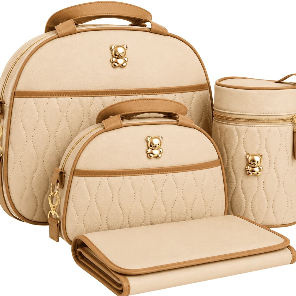 Kit Bolsa Maternidade Bebê Unissex Neutro Bege Luxo 4 Peças Mala Passeio Grande Enxoval Recém Nascido Frasqueira