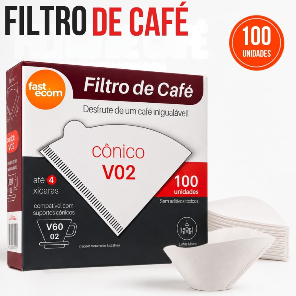 Filtro de Café Cônico V02 Papel Descartável para Cafeteira Coador Suporte Coar Café Kit 100 Unidades