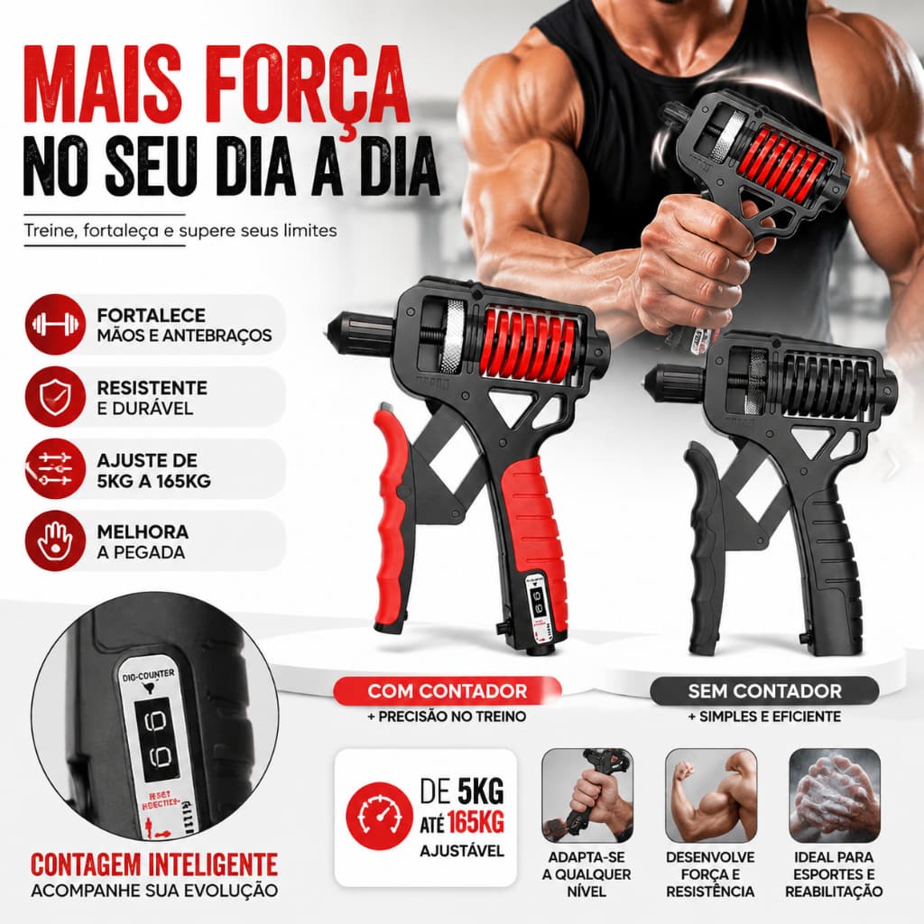 Hand Grip Ajustável 5-165kg Fortalecedor de Mão Punho e Antebraço com Contador Inteligente | Exercício Fitness Academia