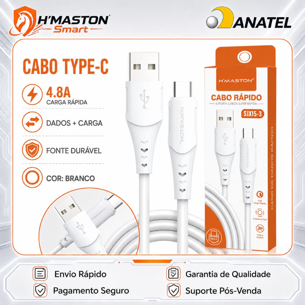 H'MASTON SJX15-3 Cabo Usb Tipo c Cabo Carregador Tipo c Cabo Tipo c Turbo Cabo Tipo c 1 Metros