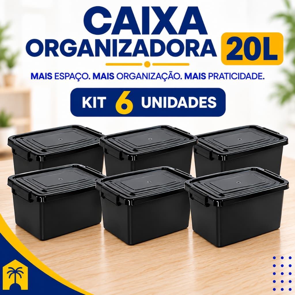 Jogo 6 Caixas Cesto 20 Litros Caixa Organizadora Pretas Com Tampa e Trava Organizador Preto