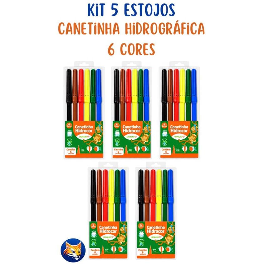 Kit 5 De Estojos Caneta Hidrográfica Hidrocor Lavável Canetinha Com 6 Cores Leo&Leo
