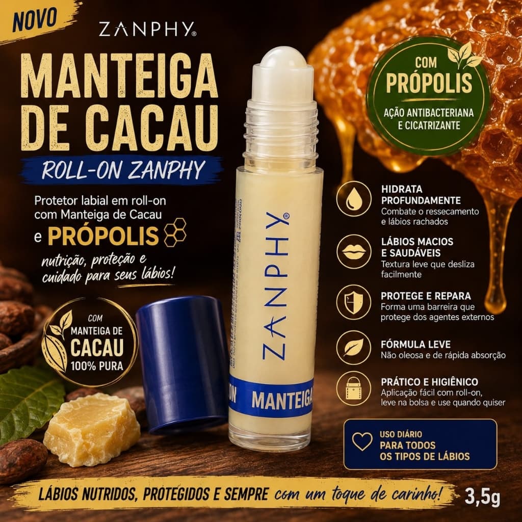 Manteiga de Cacau Roll-On Zanphy com Própolis Protetor Labial Hidratante