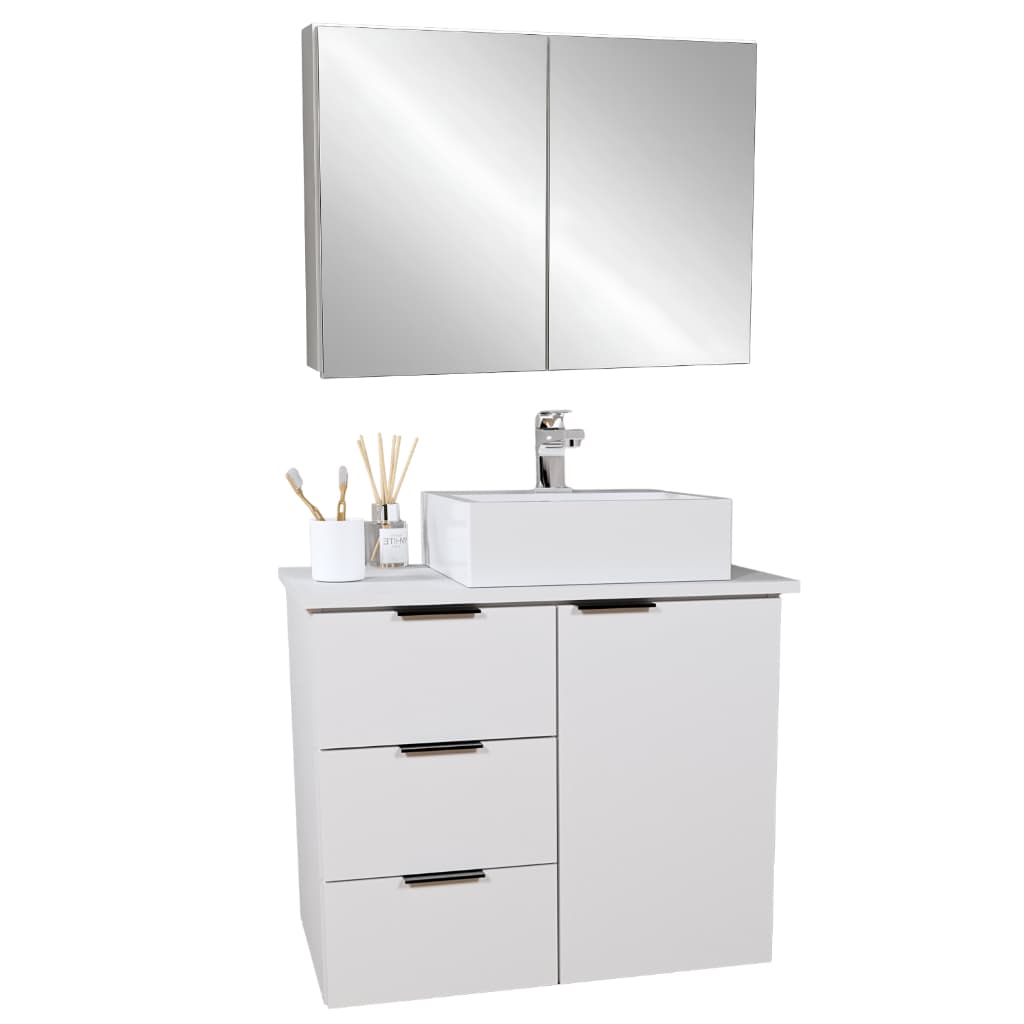 KIT Armário Aéreo Com Espelho + Gabinete Para Banheiro MDF Branco 60cm Esquerdo Com Fundo
