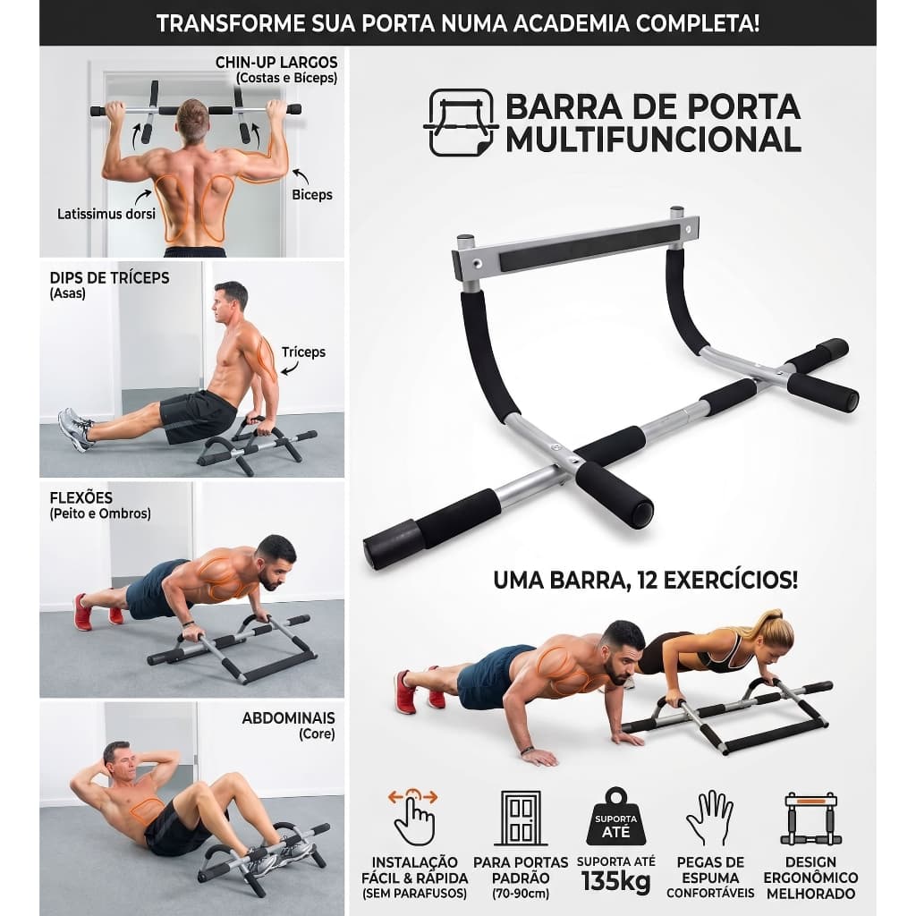 Barra fixa de porta multifuncional treino em casa fortalecimento musculação