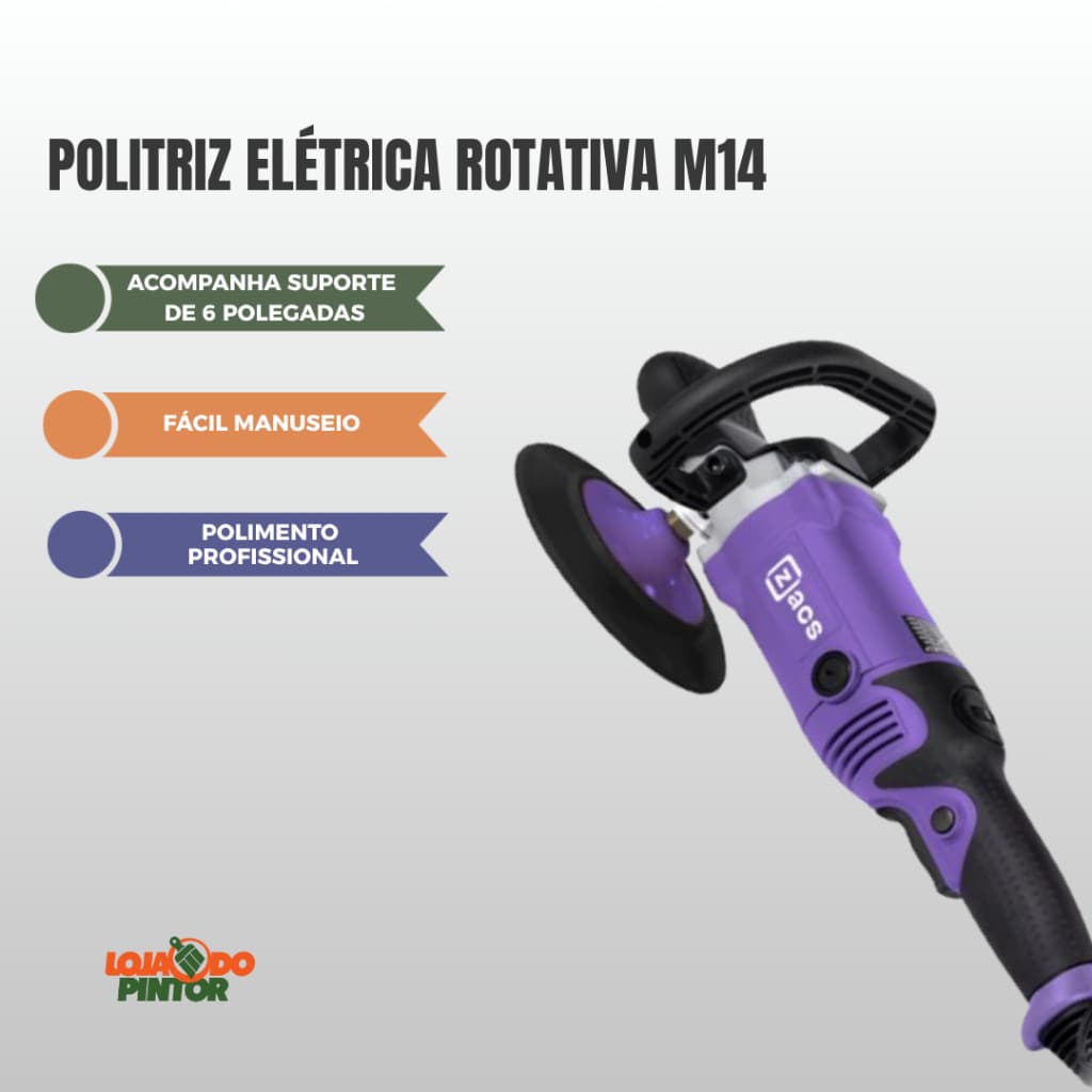 Politriz Elétrica Rotativa 1650W 6 Polegadas Zacs M14 Polimento Automotivo Profissional