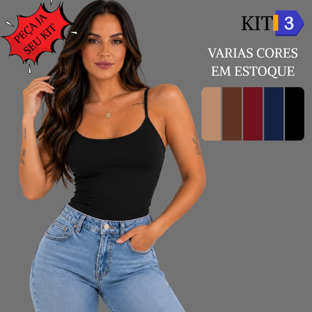 KIT 3 Blusa Regata Alcinha Alça Fina Básica Feminina Suplex Cropped Tube