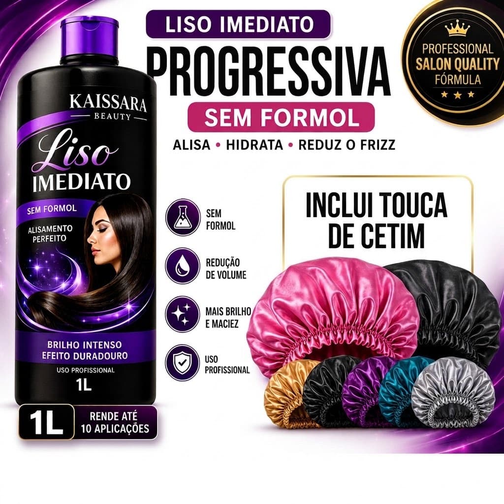 Progressiva Kaissara Liso Imediato 1L Sem Formol Alinhamento Capilar + Touca de Cetim Brinde
