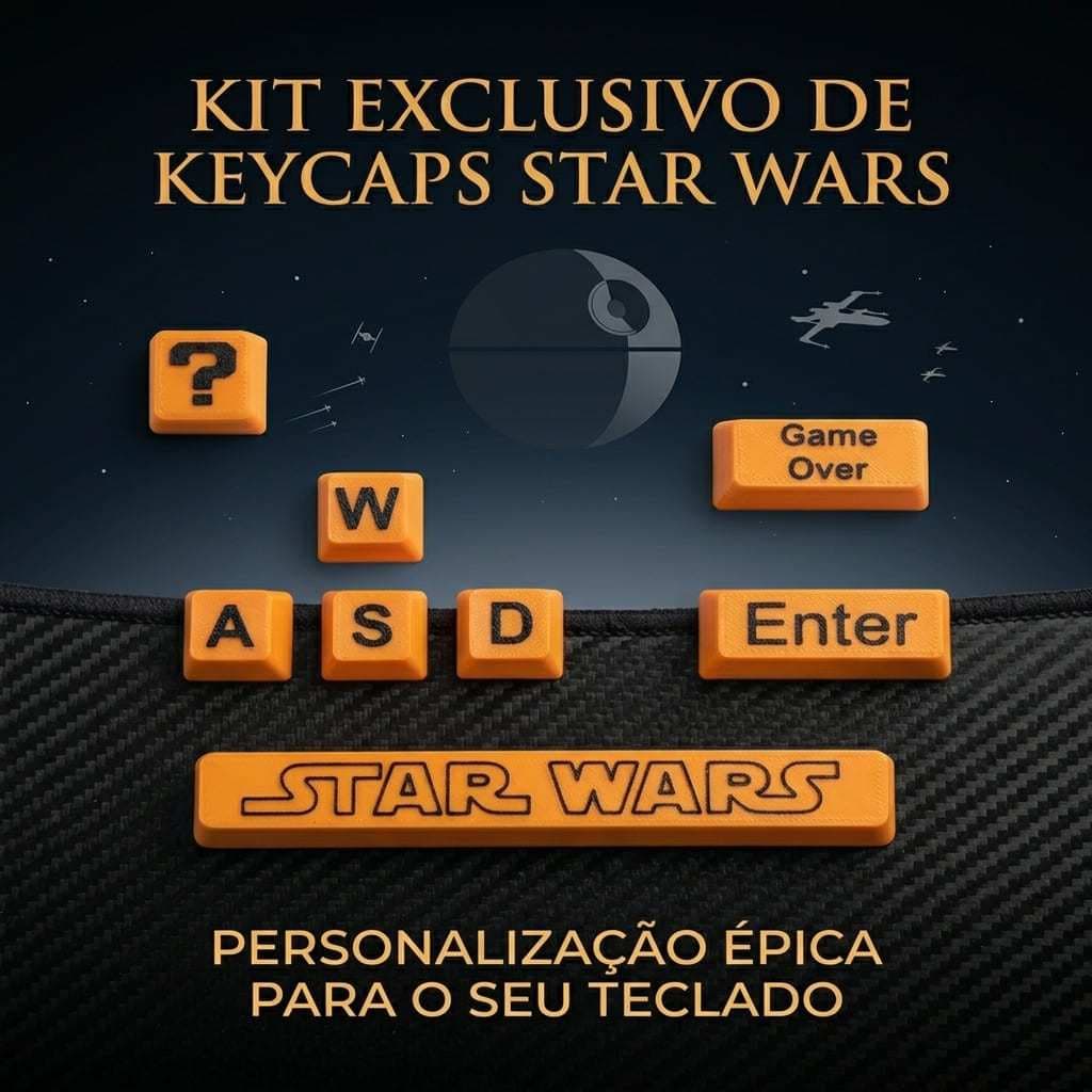 Kit Keycaps Star Wars Teclado Mecânico 3D Laranja Preto WASD Enter Back Space Esc Barra Espaço