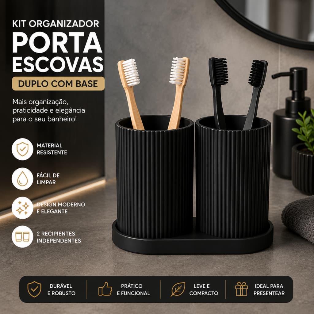 **Porta Escova de Dentes Duplo com Base Organizador de Banheiro Kit Porta Escovas Moderno**
