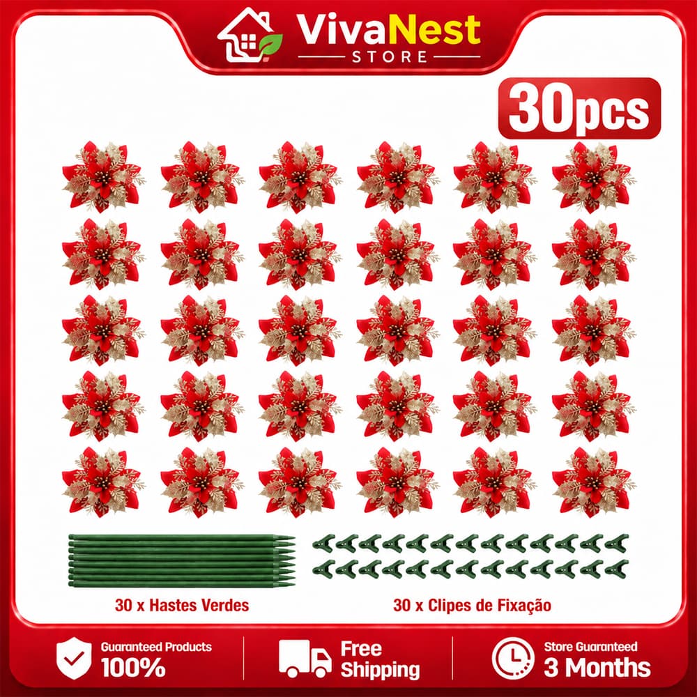 Kit 30 Flores Natalinas Artificiais com Glitter 14cm, Ornamentos para Árvore de Natal, Decoração Festiva para Casa