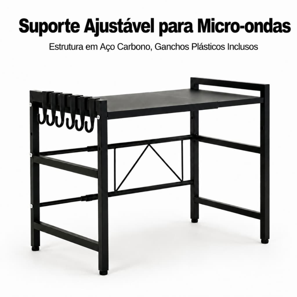 Suporte Ajustável para Micro‑ondas, Aço Carbono com Ganchos Plásticos, Organizador de Cozinha