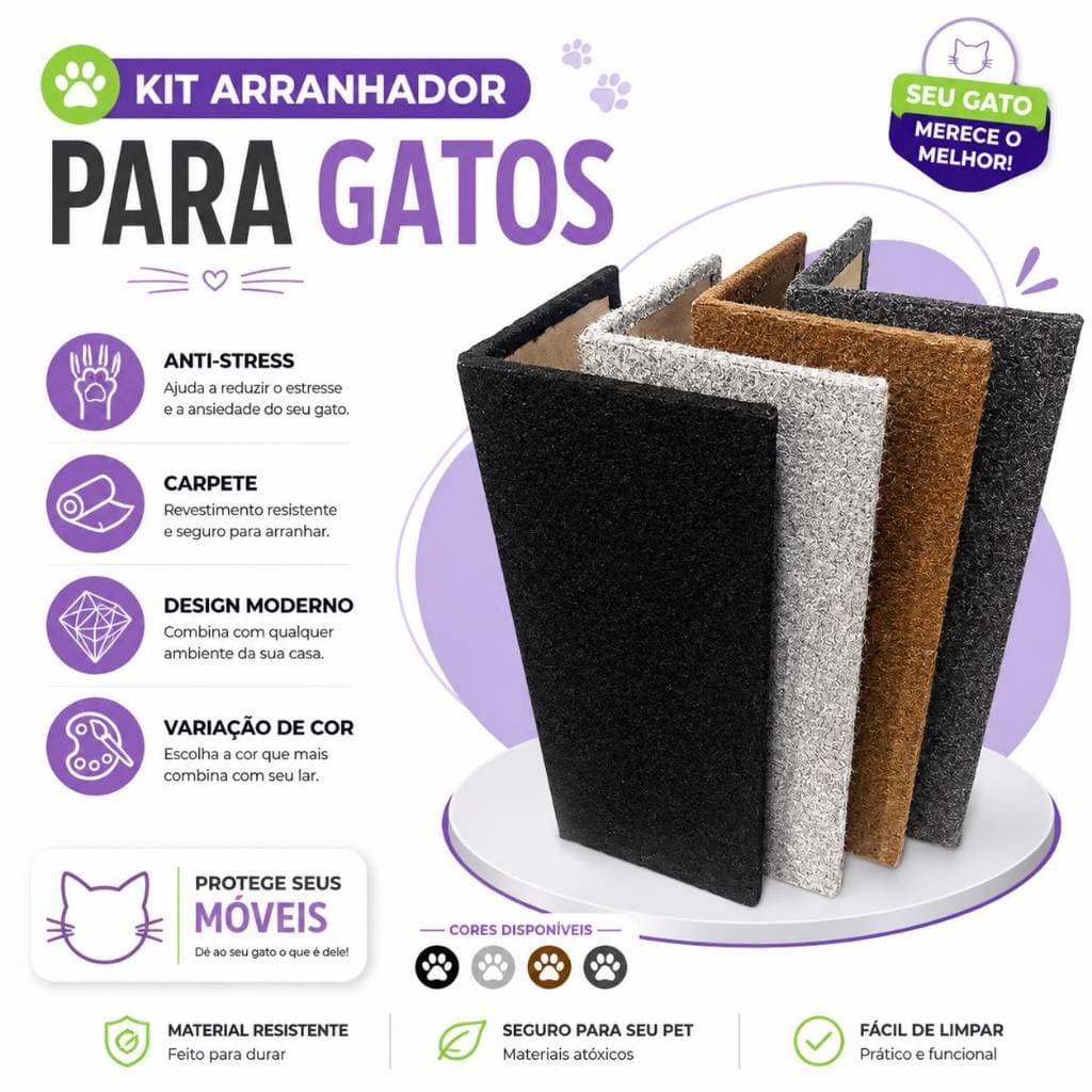 Arranhador de Canto Sofá Gatos MDF Carpete Kit 2 Unidades