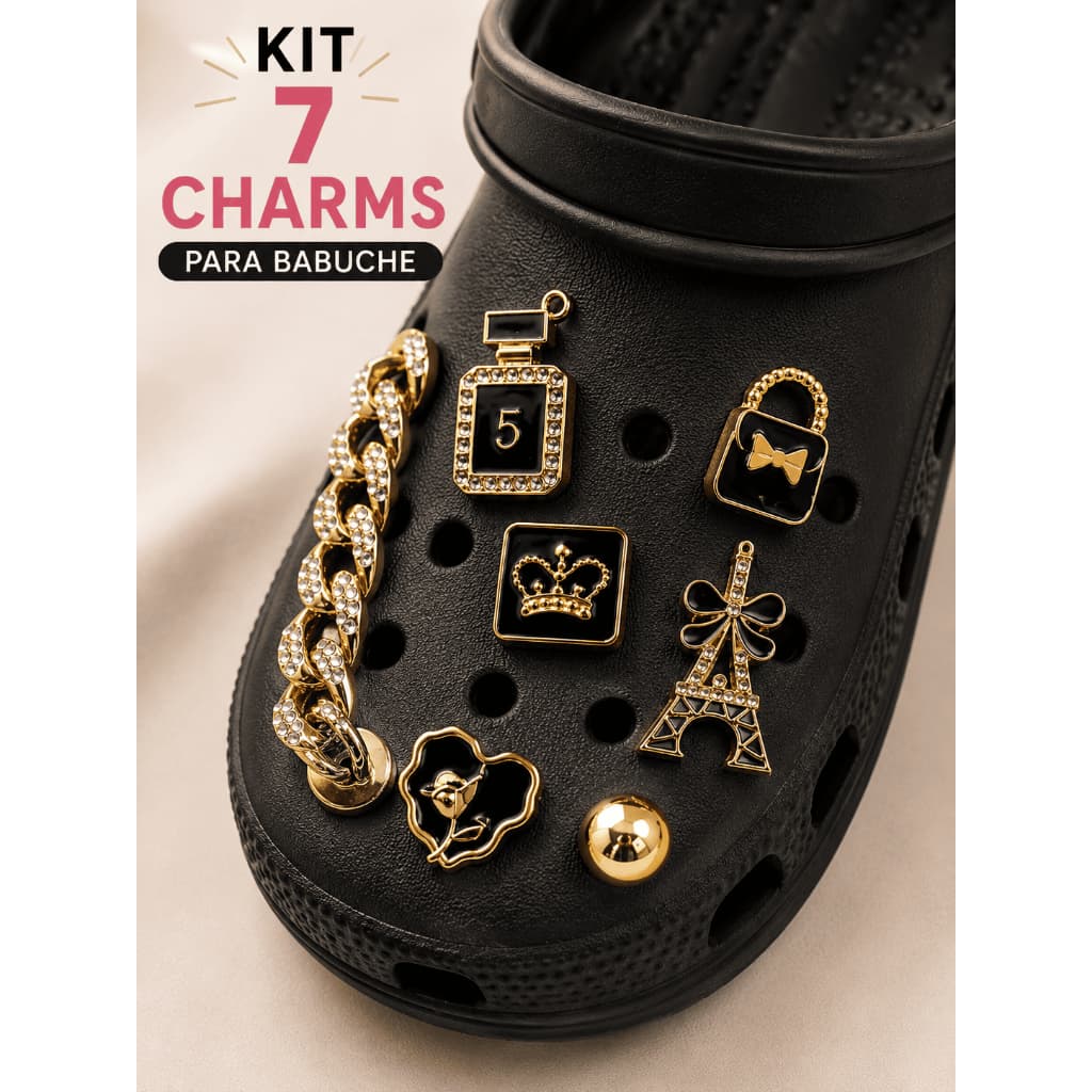 Kit 7 Charms para Babuche Pins Enfeites Dourados com Strass
