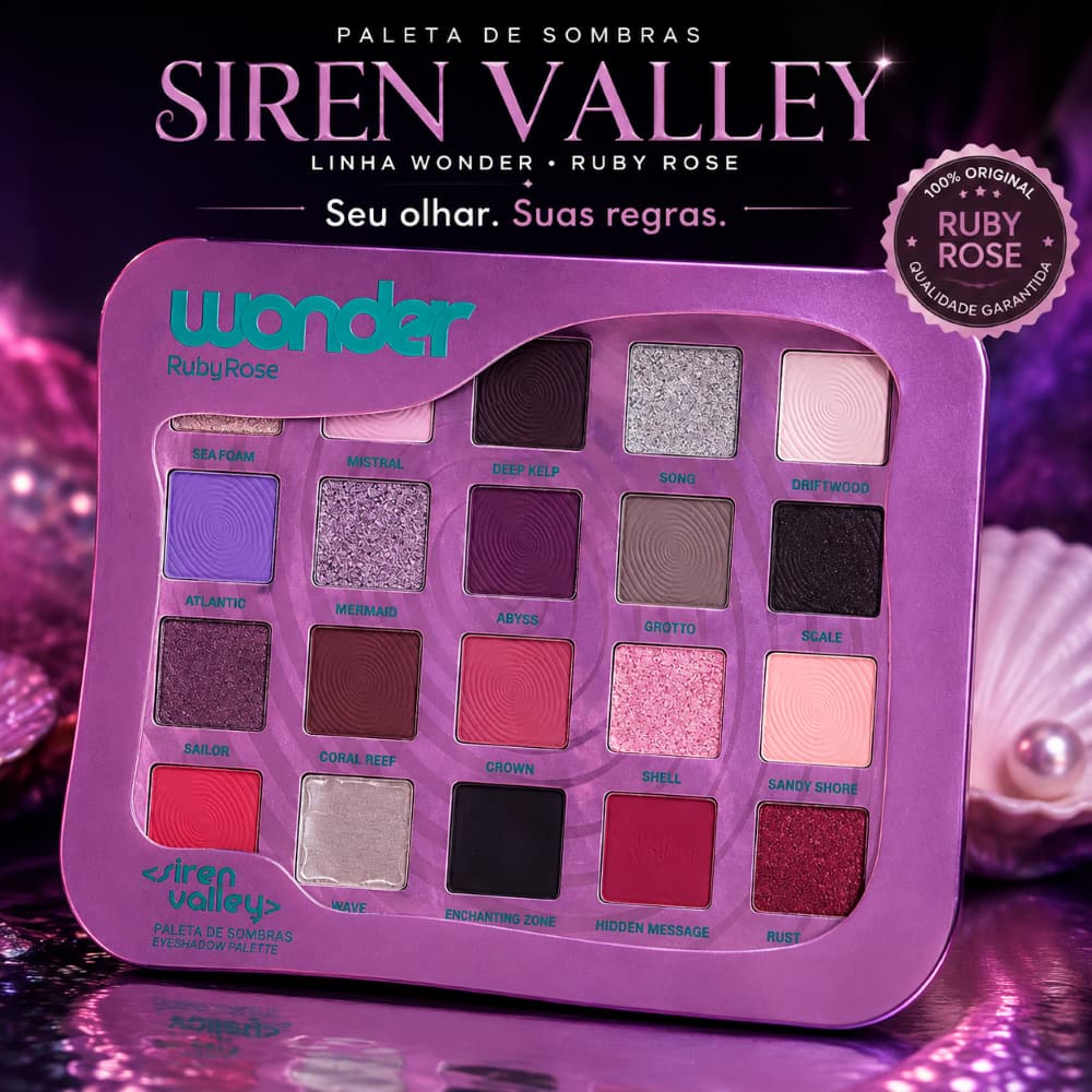 Paleta de Sombras Siren Valley Ruby Rose Wonder 20 Cores Alta Pigmentação