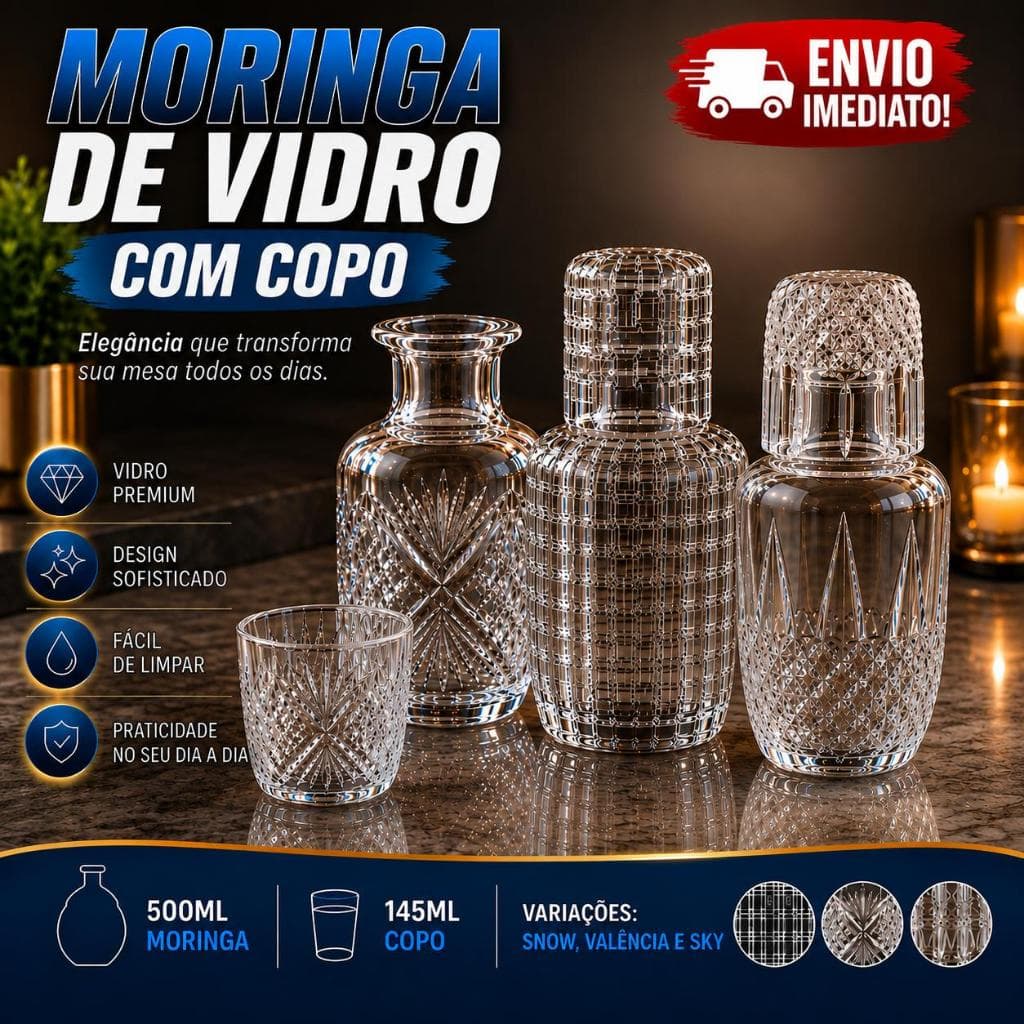 Moringa de Vidro com Copo Jarra 500ml Tampa 145ml Para Água Suco Bebidas Mesa Cabeceira