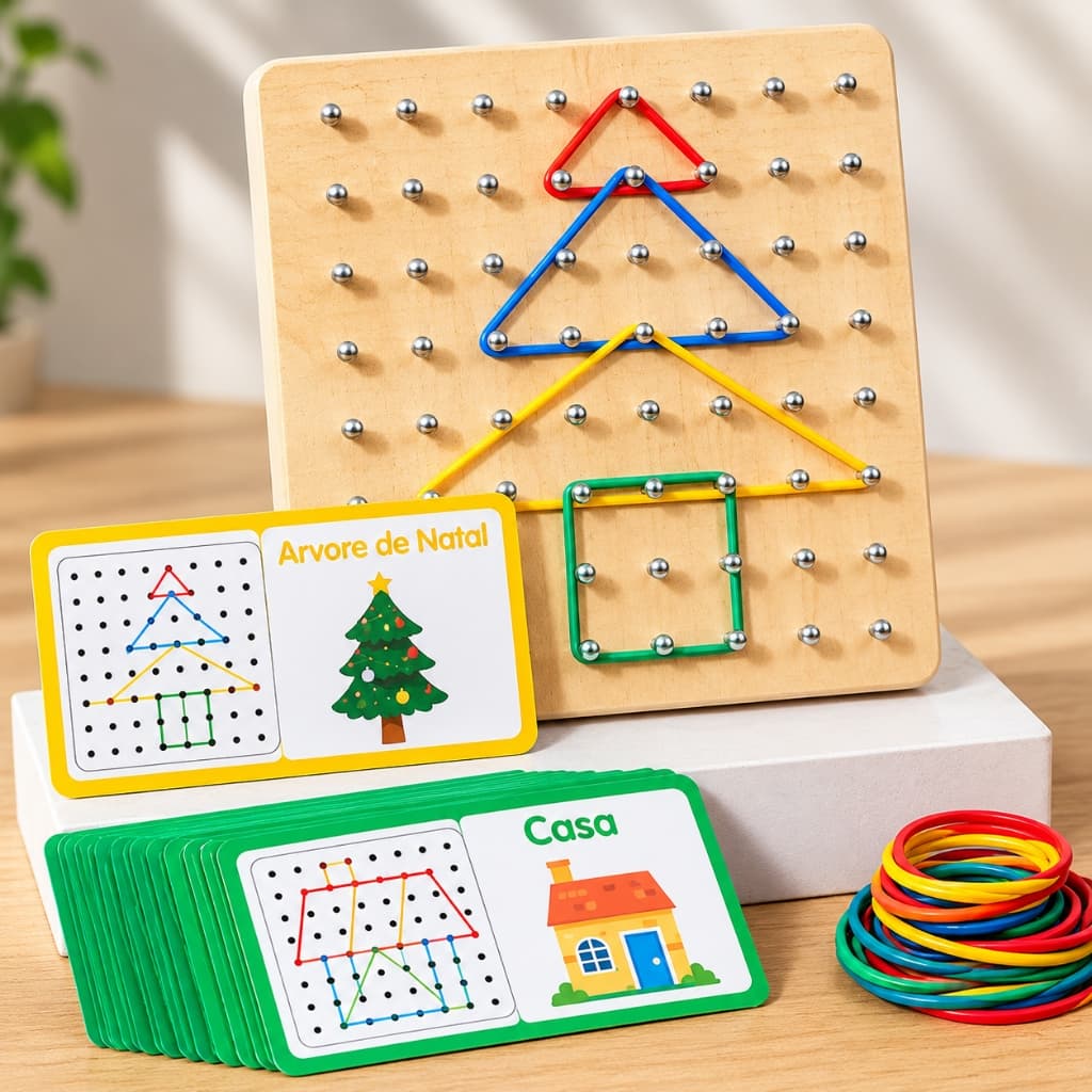 Geoplano de Madeira Montessori Brinquedo Educativo com Elásticos Formas Geométricas Cartões Raciocínio Lógico Infantil